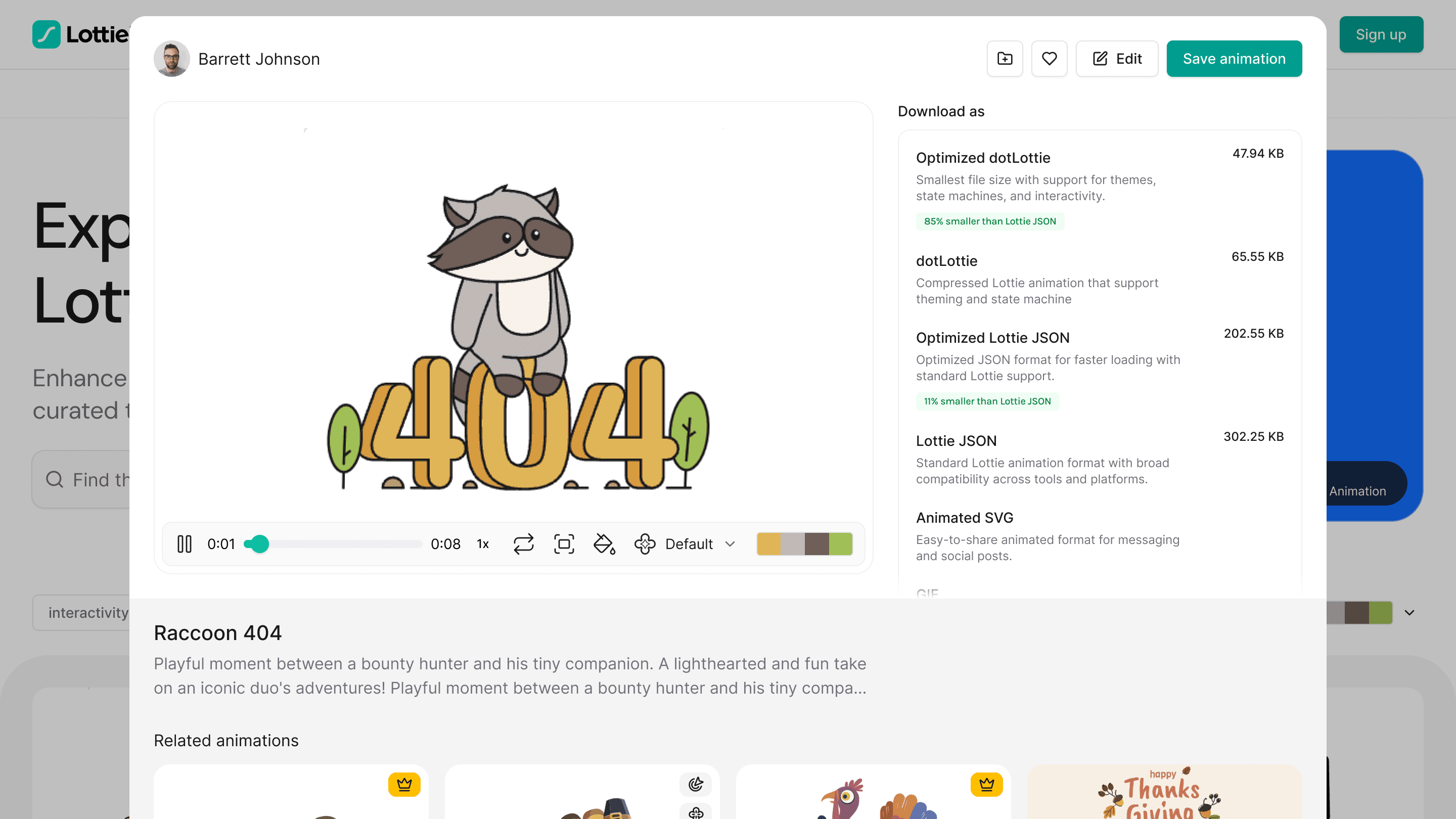 LottieFiles animation detail experience with playback and download options