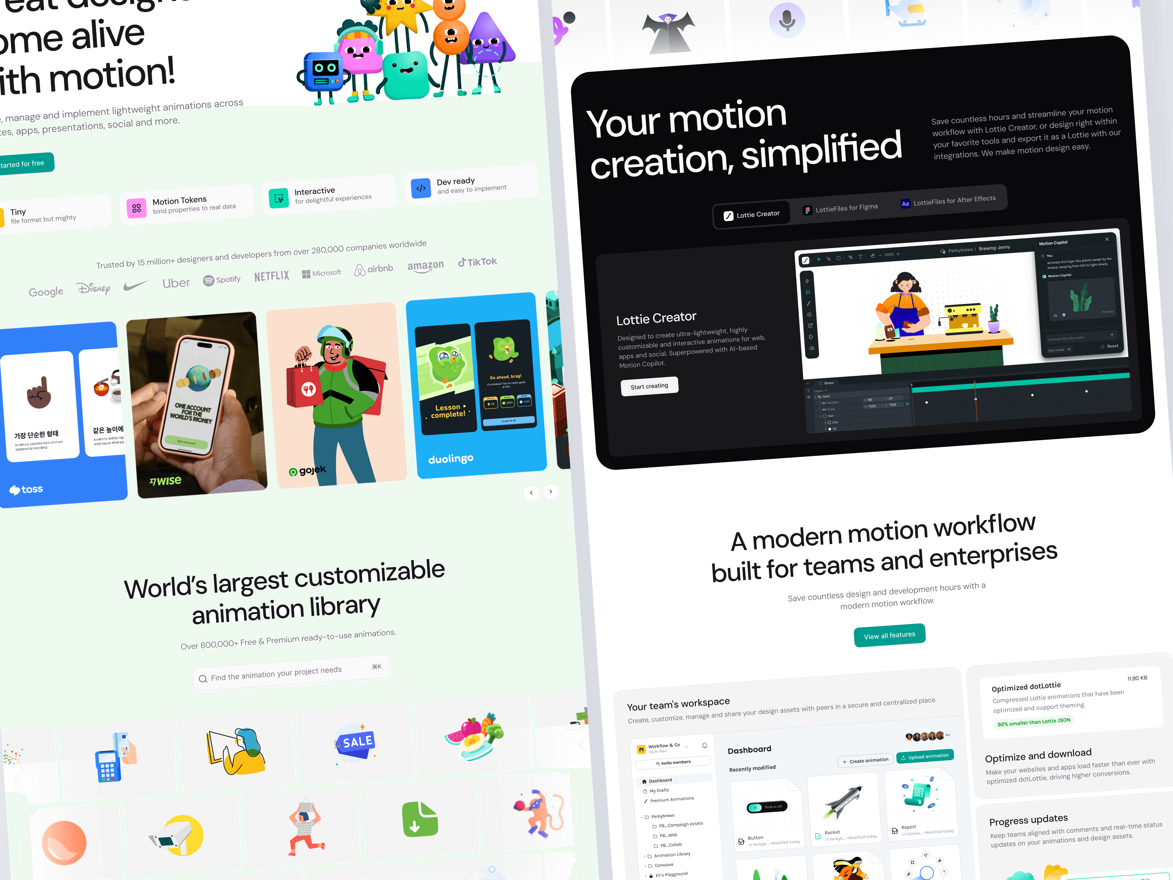 LottieFiles homepage compositions showing animation discovery, creation tools, and team workflows