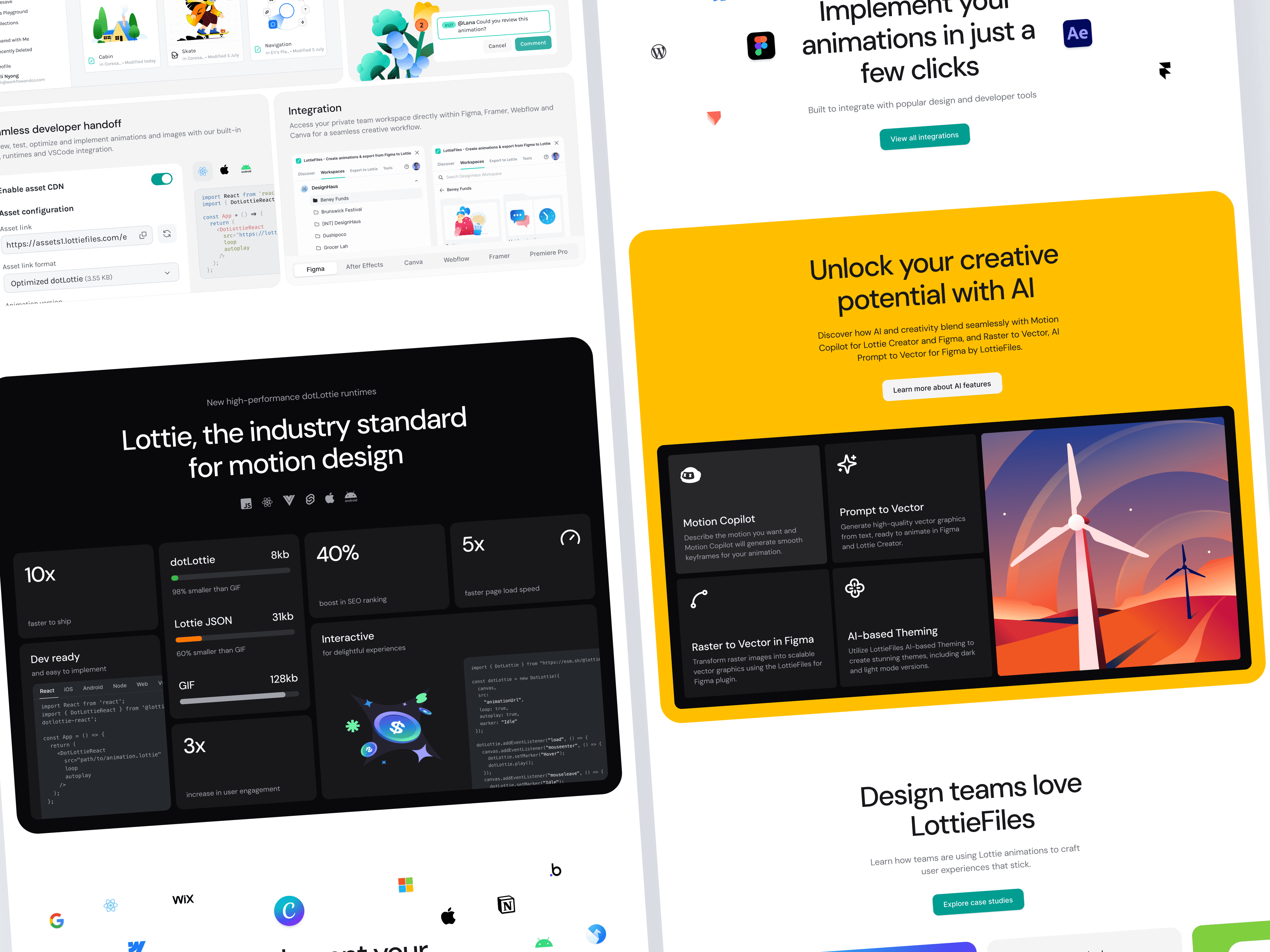 LottieFiles homepage compositions showing AI tools, customer work, testimonials, and product value