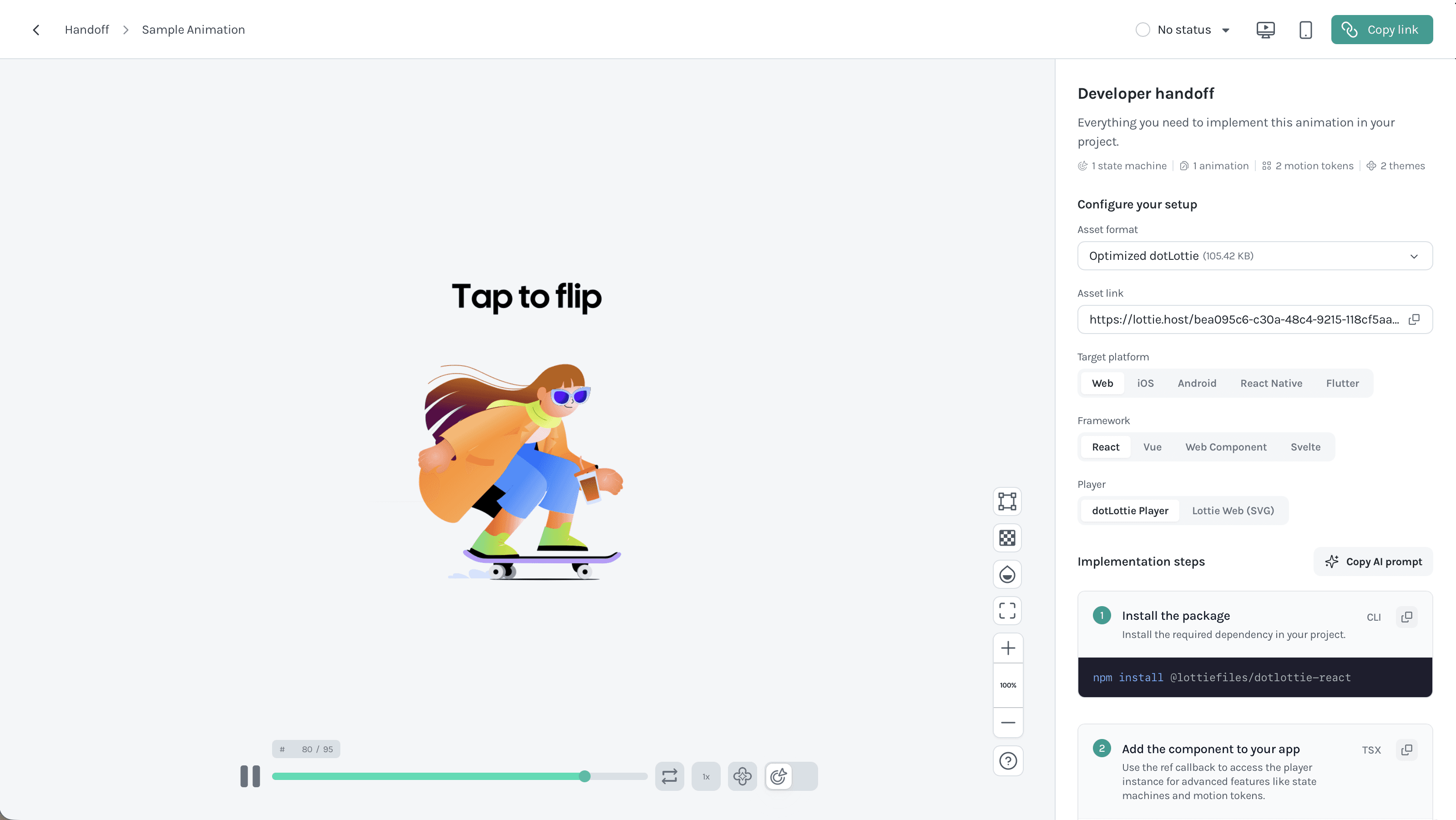 LottieFiles Developer Handoff view with implementation guidance
