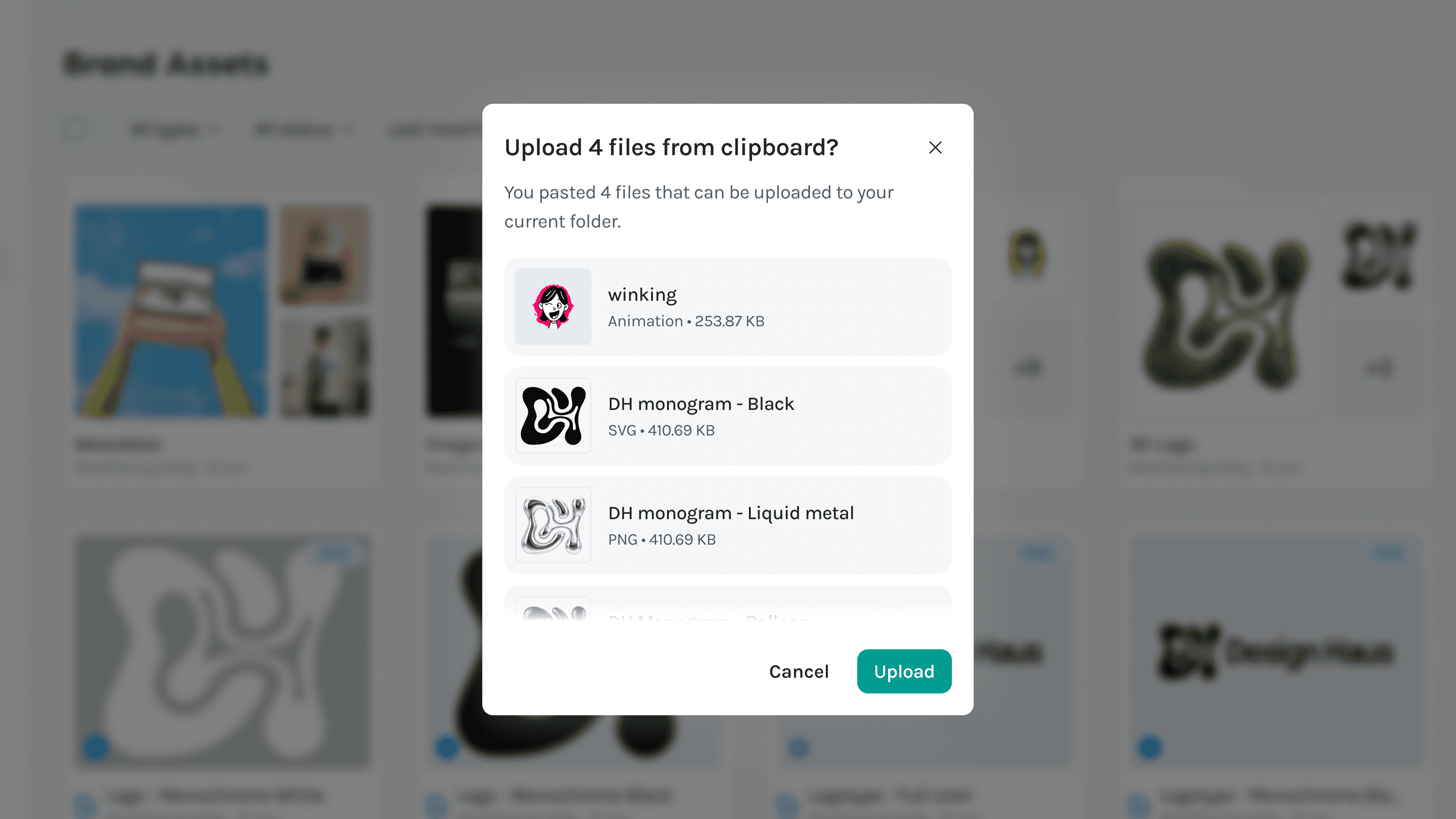 LottieFiles dialog showing multiple copied assets ready to upload into the current folder