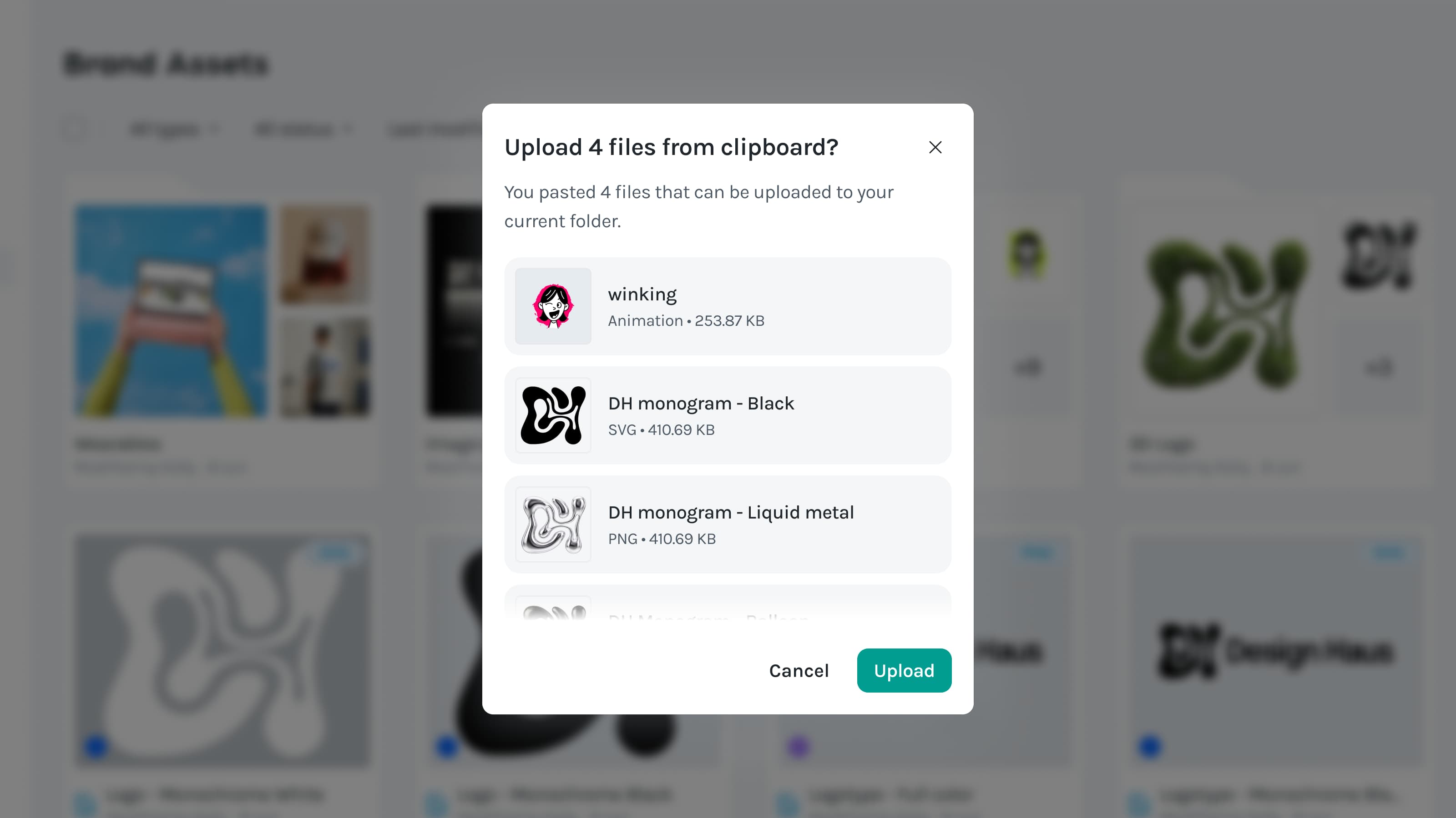 LottieFiles dialog showing multiple copied assets ready to upload into the current folder