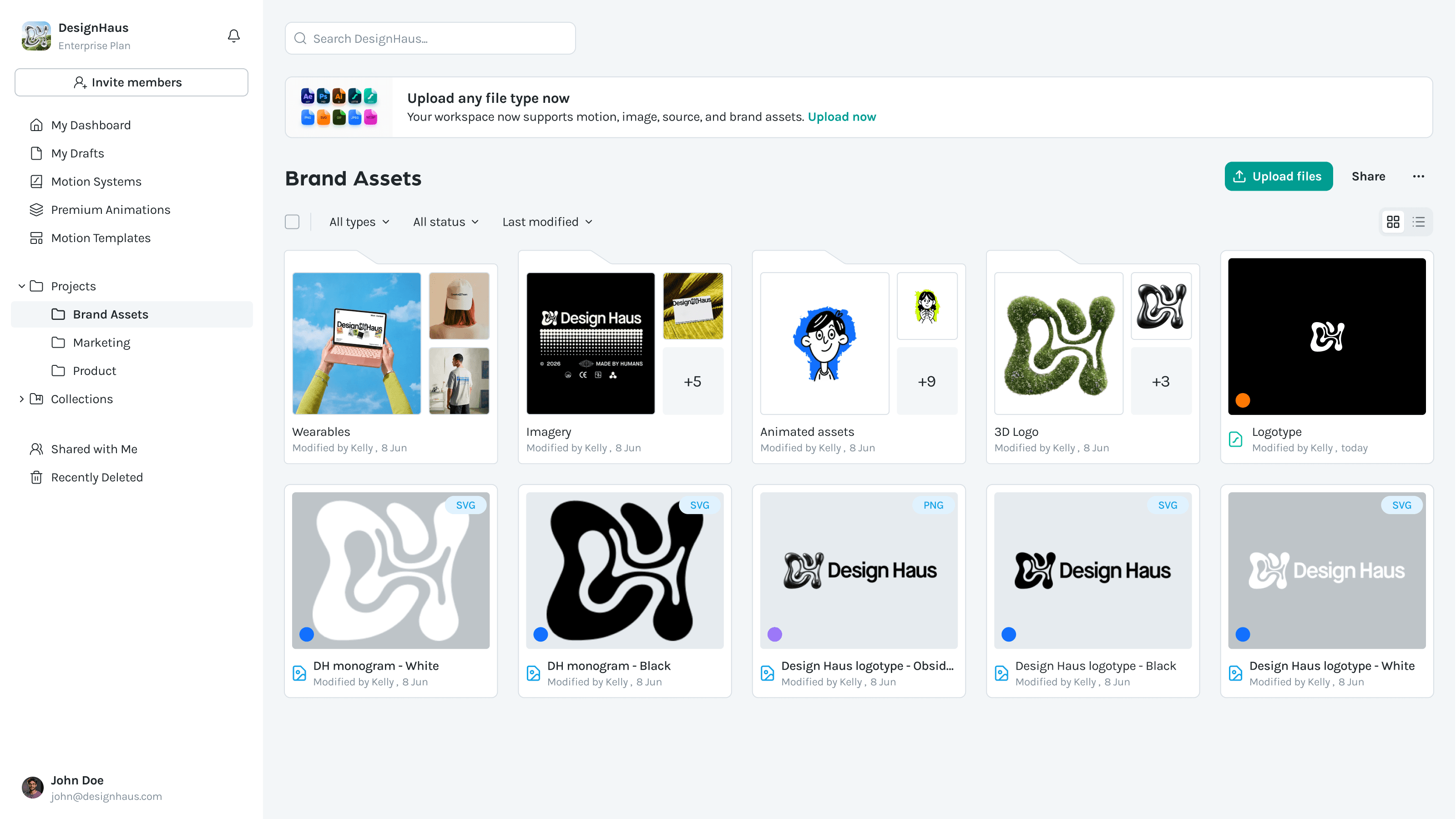 LottieFiles Platform workspace showing folders and mixed-format brand assets