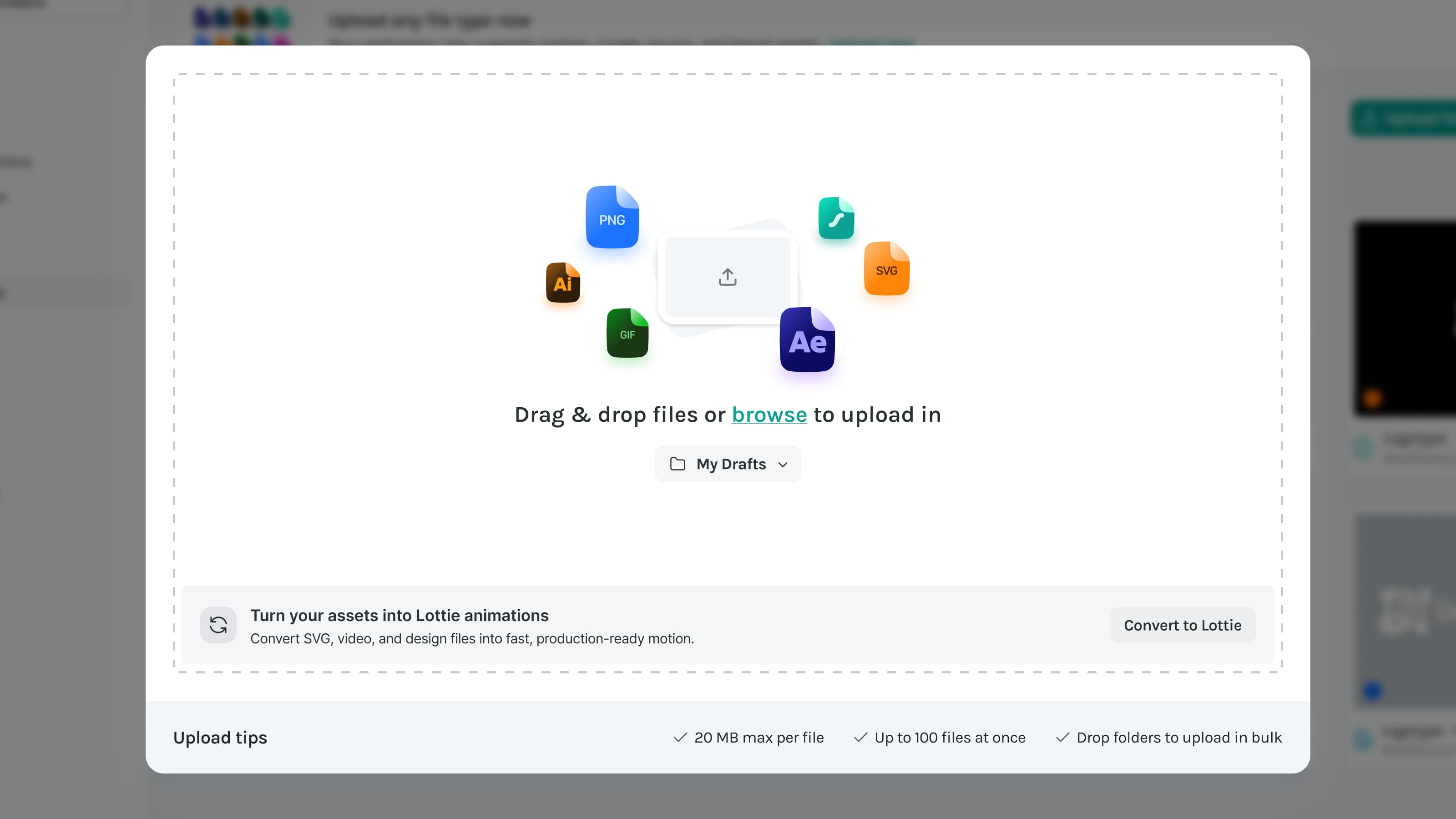 LottieFiles upload modal showing support for motion, image, and source files