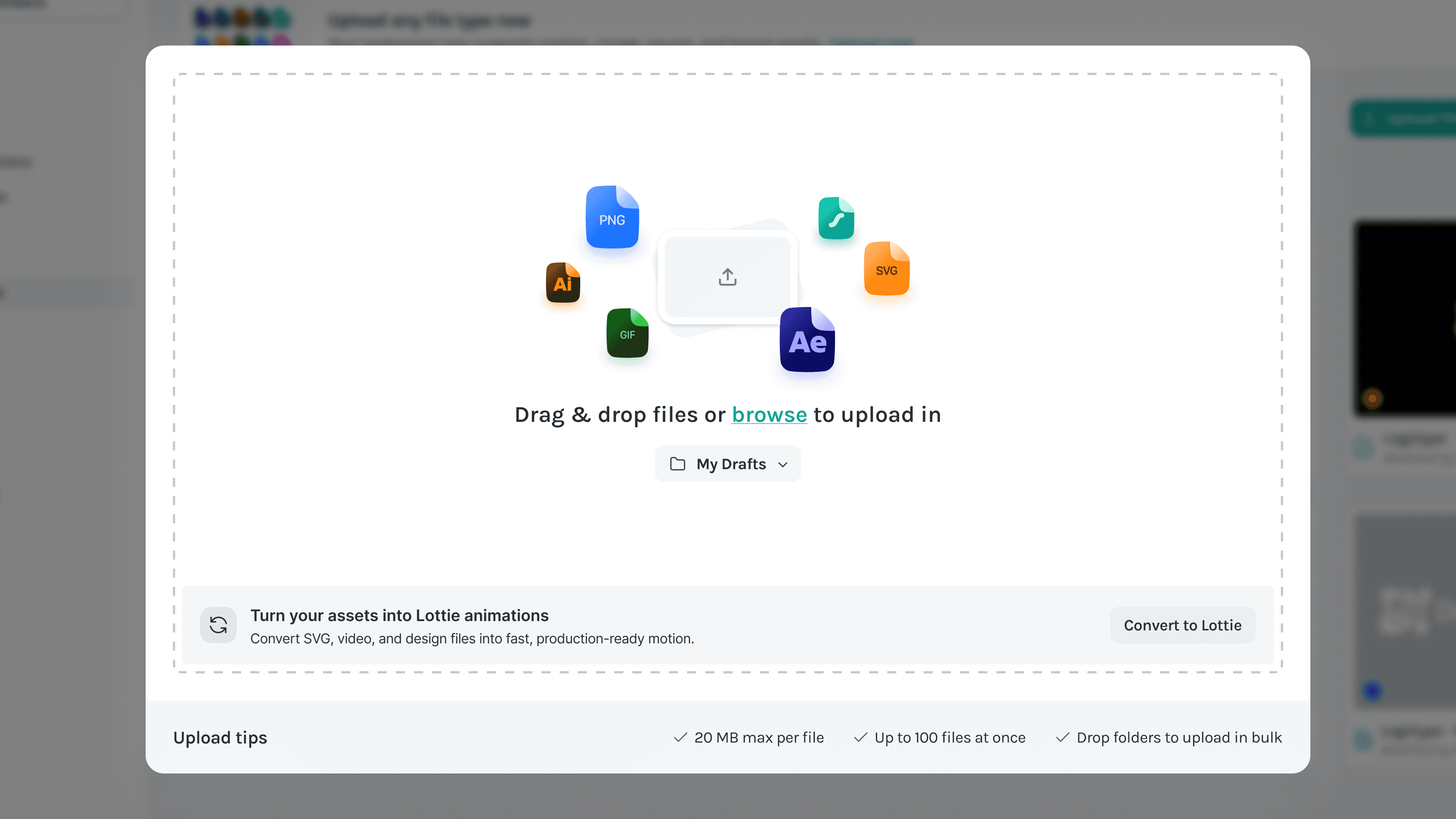 LottieFiles upload modal showing support for motion, image, and source files