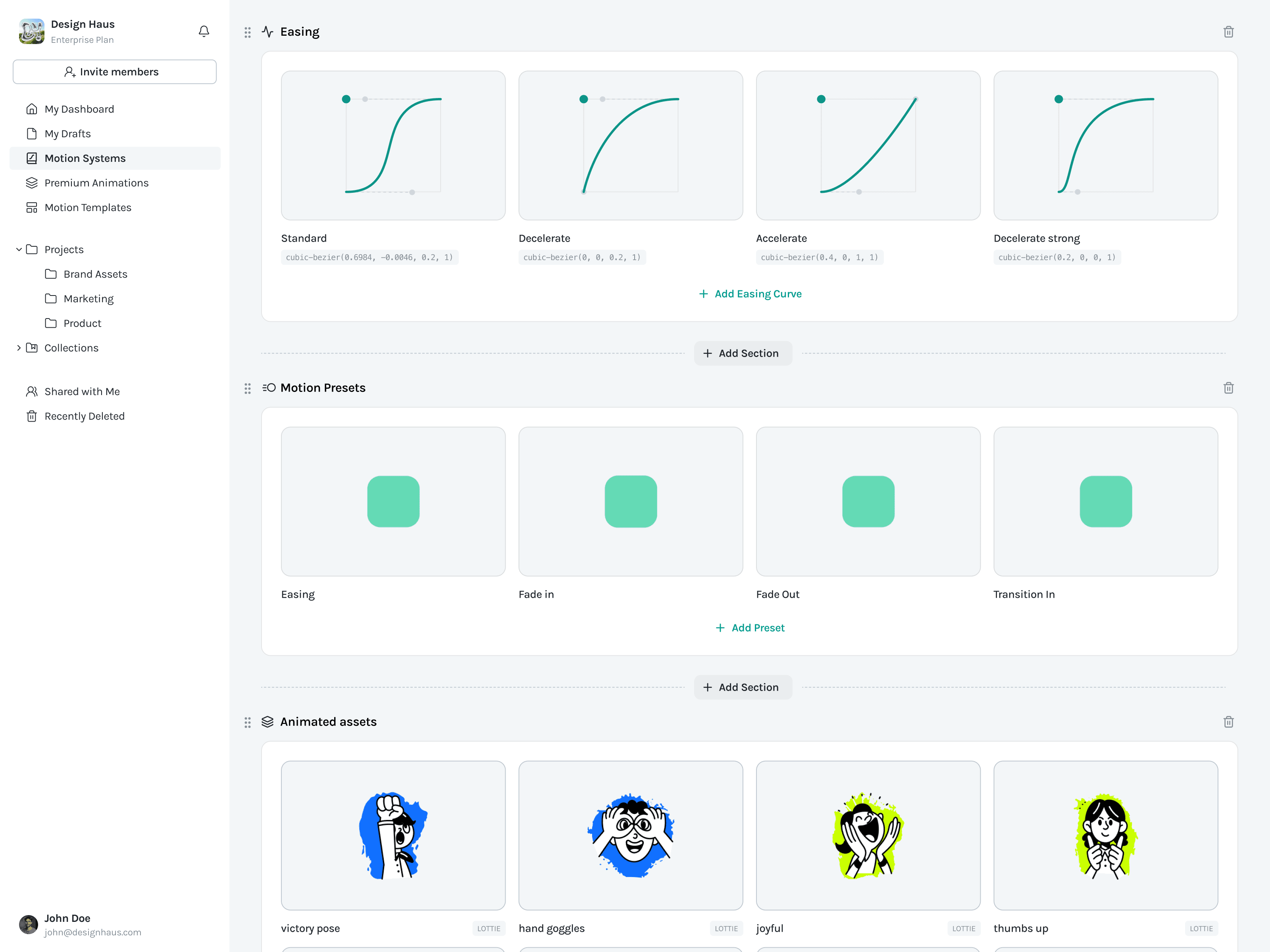 LottieFiles Platform showing easing curves, motion presets, and animated assets inside a Motion System