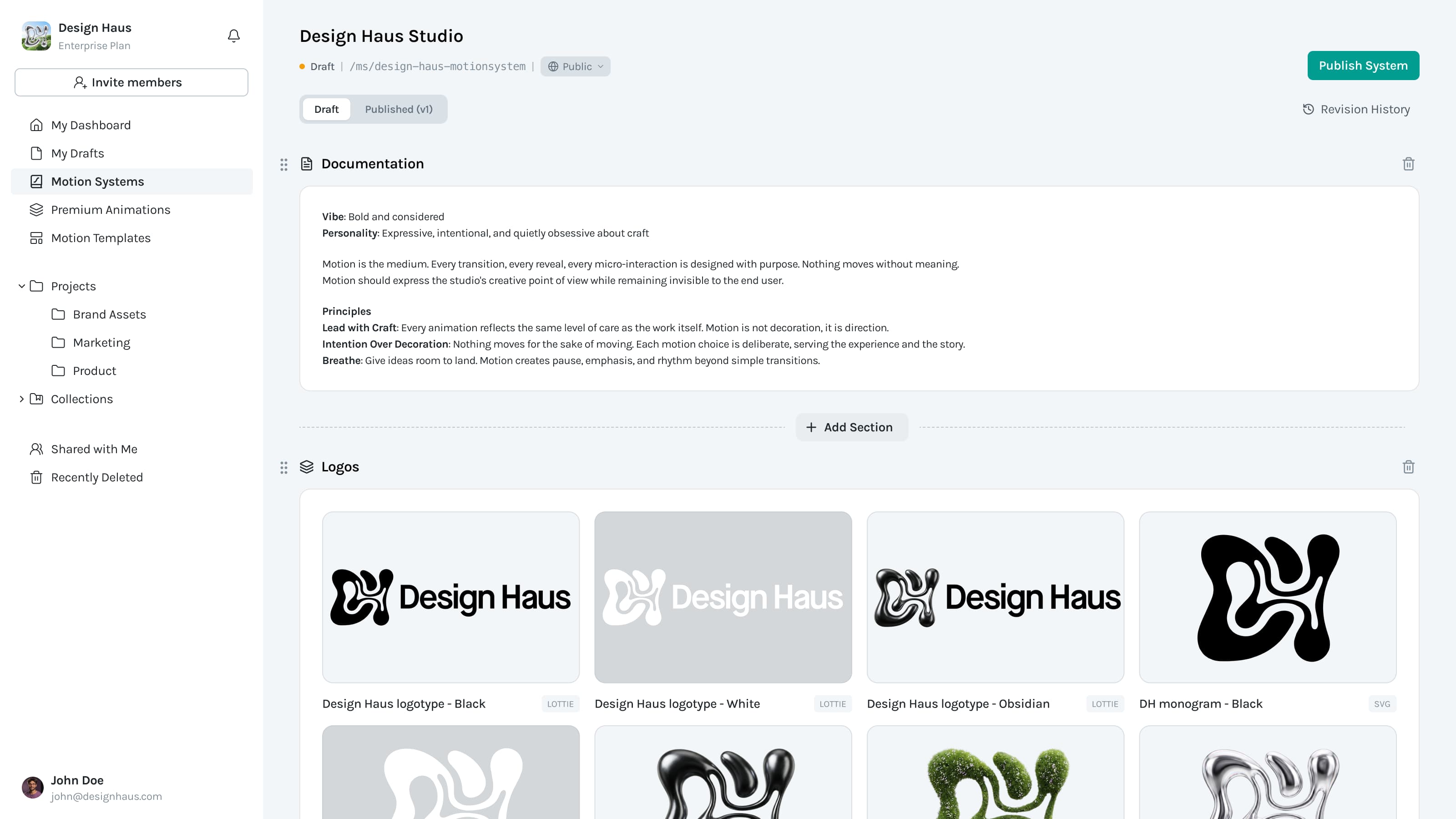 LottieFiles Platform showing an editable Motion System with documentation, publishing controls, version history, and reusable motion assets