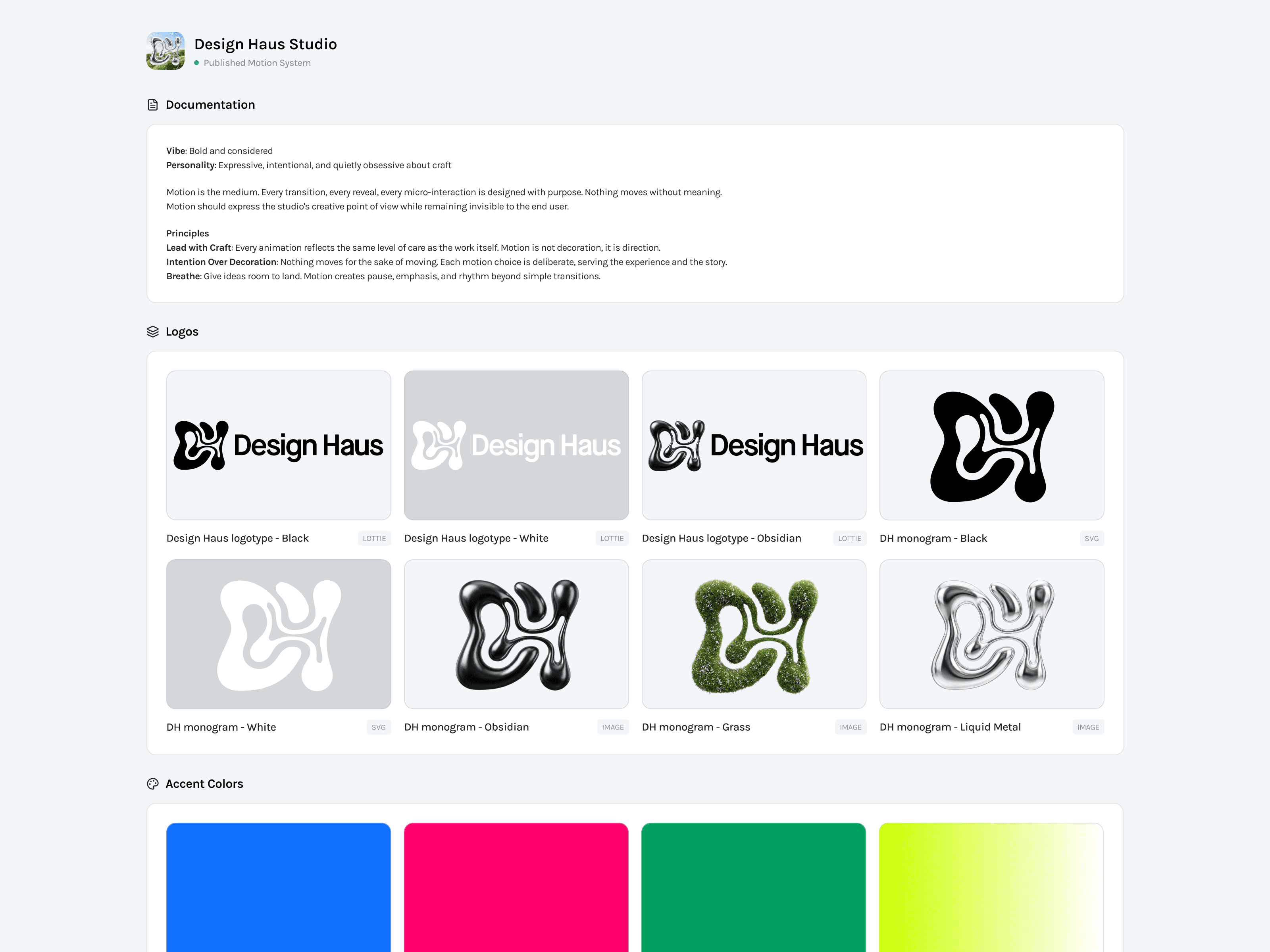 Published Design Haus Motion System with shared documentation and reusable brand assets